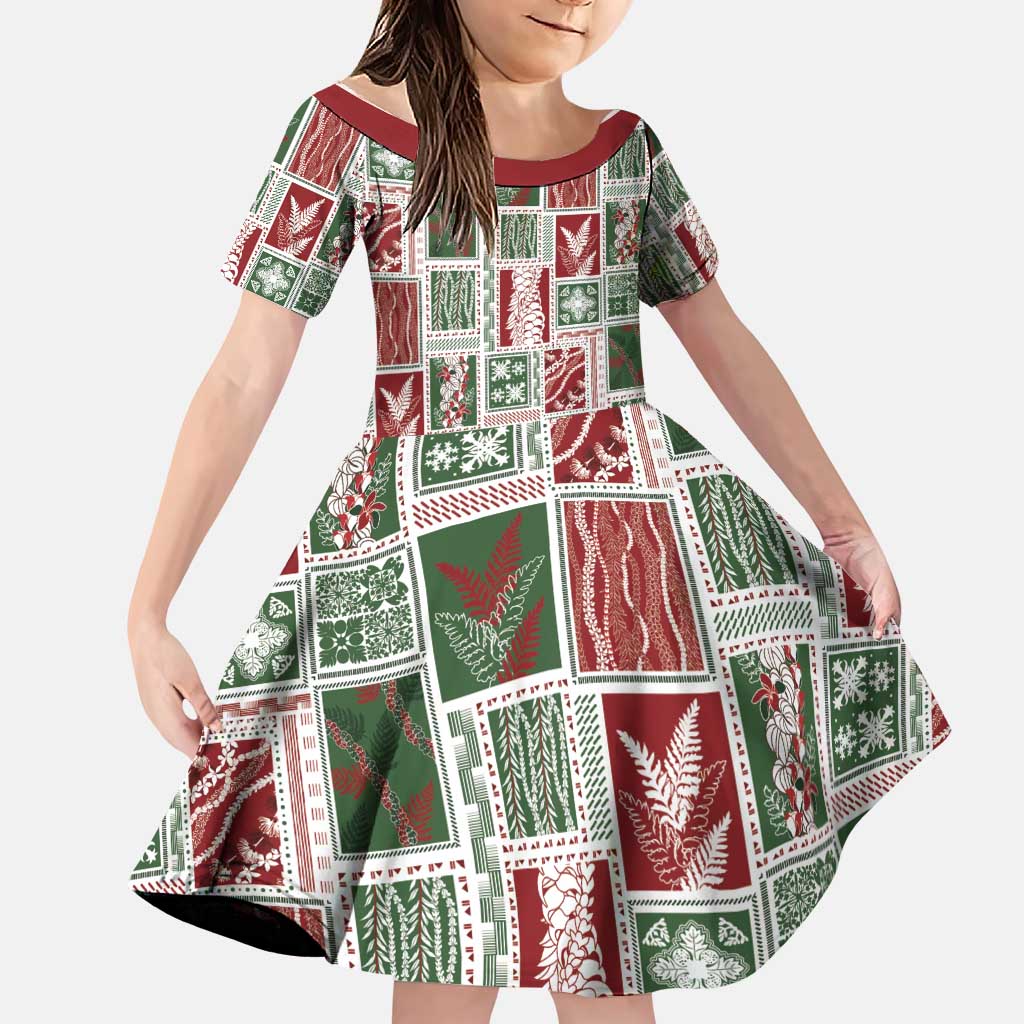 Mele Kalikimaka Hawaiian Quilt and Lei Patchwork Family Matching Tank Maxi Dress and Hawaiian Shirt LT9 Daughter's Dress Red - Polynesian Pride