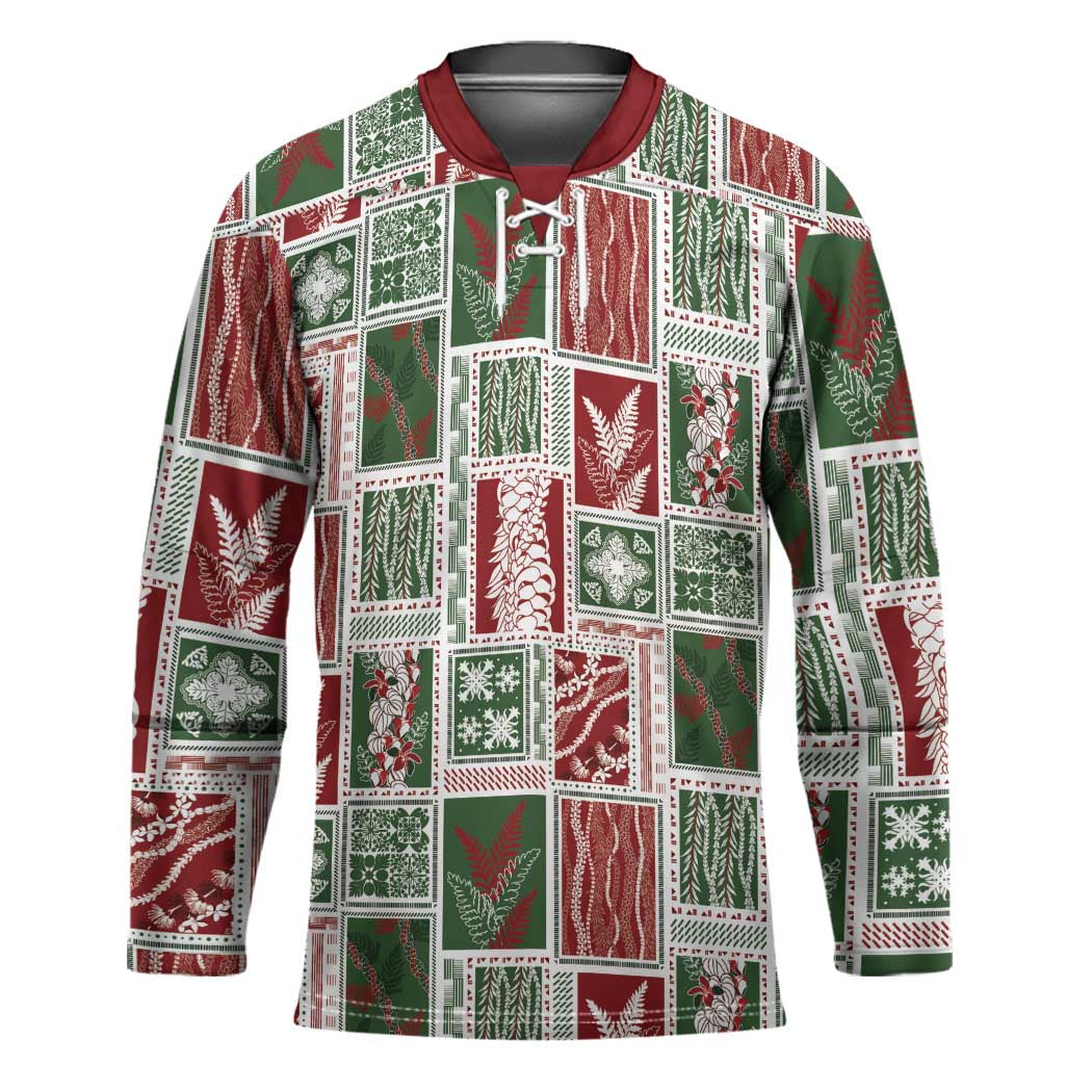 Mele Kalikimaka Hawaiian Quilt and Lei Patchwork Hockey Jersey - Polynesian Pride