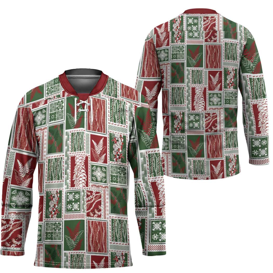 Mele Kalikimaka Hawaiian Quilt and Lei Patchwork Hockey Jersey - Polynesian Pride