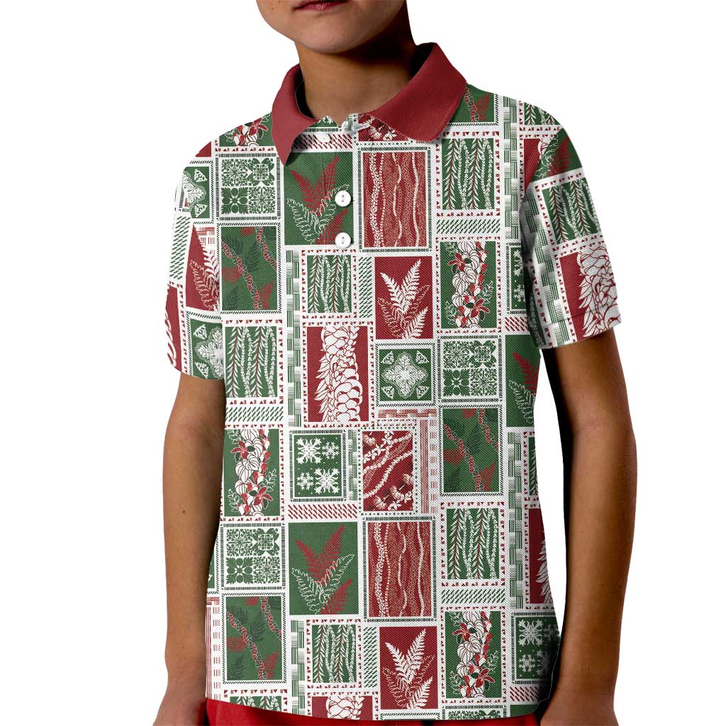 Mele Kalikimaka Hawaiian Quilt and Lei Patchwork Kid Polo Shirt - Polynesian Pride
