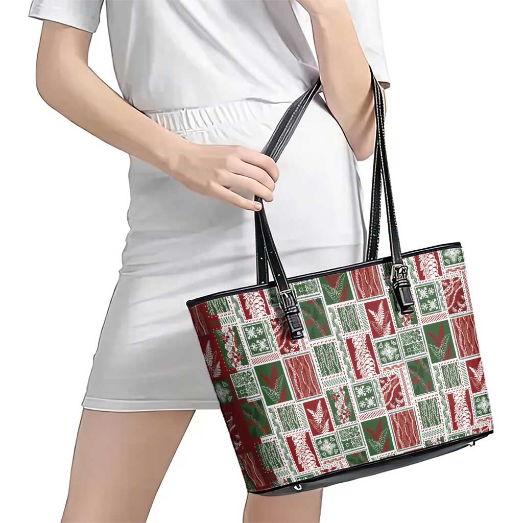 Mele Kalikimaka Hawaiian Quilt and Lei Patchwork Leather Tote Bag - Polynesian Pride