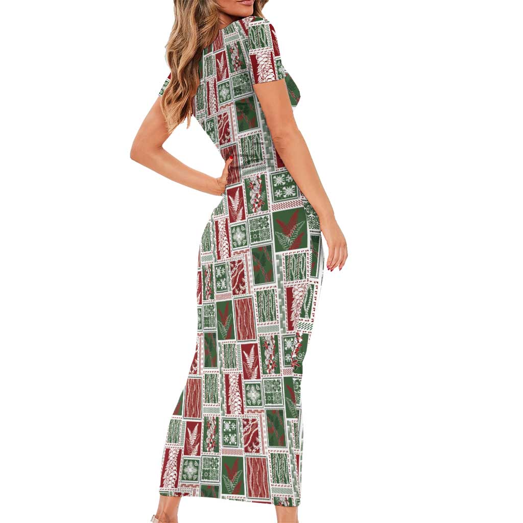 Mele Kalikimaka Hawaiian Quilt and Lei Patchwork Short Sleeve Bodycon Dress - Polynesian Pride