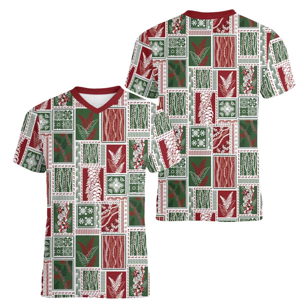 Mele Kalikimaka Hawaiian Quilt and Lei Patchwork Women V-Neck T-Shirt - Polynesian Pride