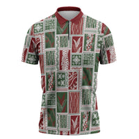 Mele Kalikimaka Hawaiian Quilt and Lei Patchwork Zipper Polo Shirt LT9 Red - Polynesian Pride