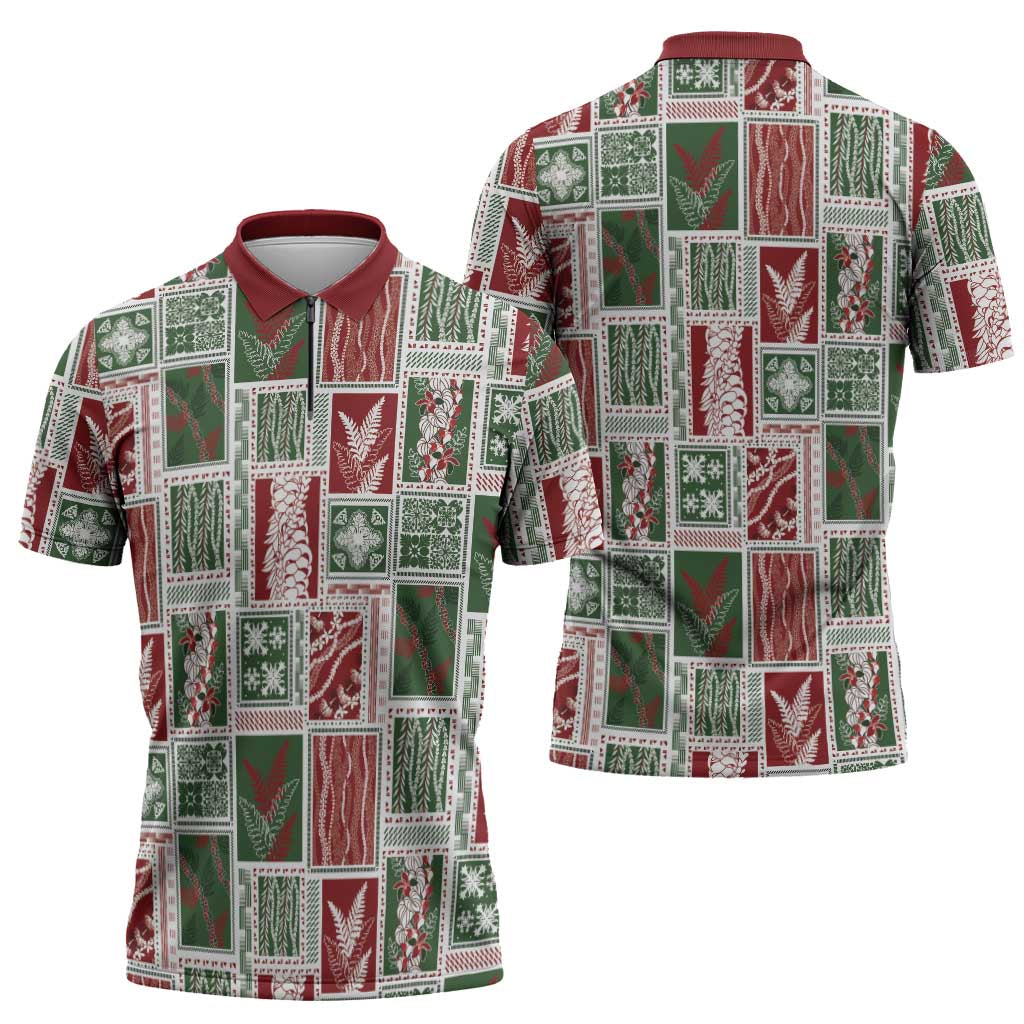 Mele Kalikimaka Hawaiian Quilt and Lei Patchwork Zipper Polo Shirt LT9 - Polynesian Pride