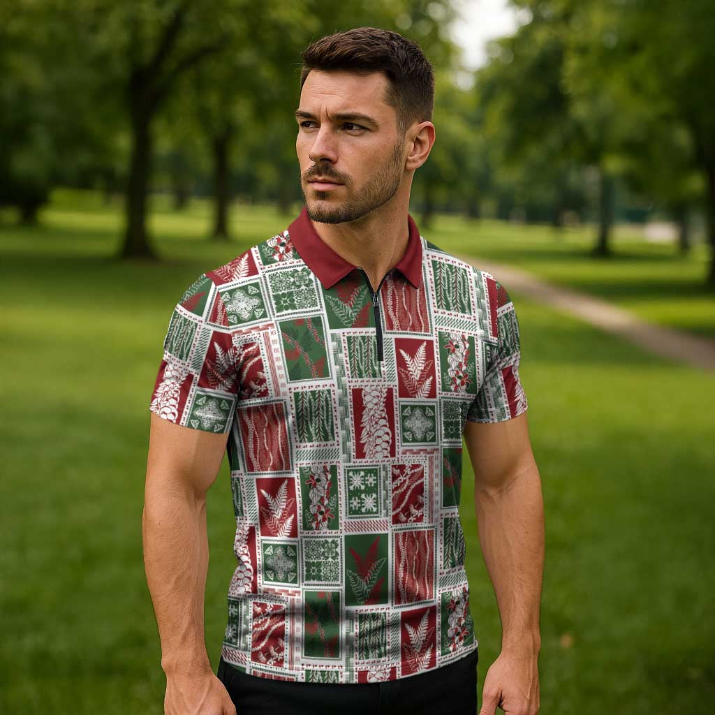 Mele Kalikimaka Hawaiian Quilt and Lei Patchwork Zipper Polo Shirt LT9 - Polynesian Pride