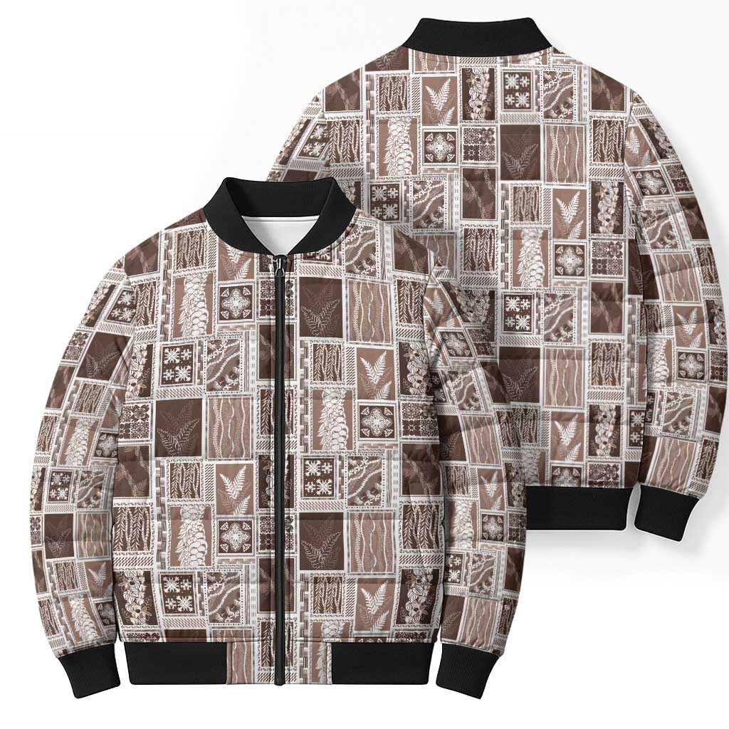 Vintage Aloha Block Quilt Bomber Puffer Jacket Beige Inspired Lei Motifs - Polynesian Pride