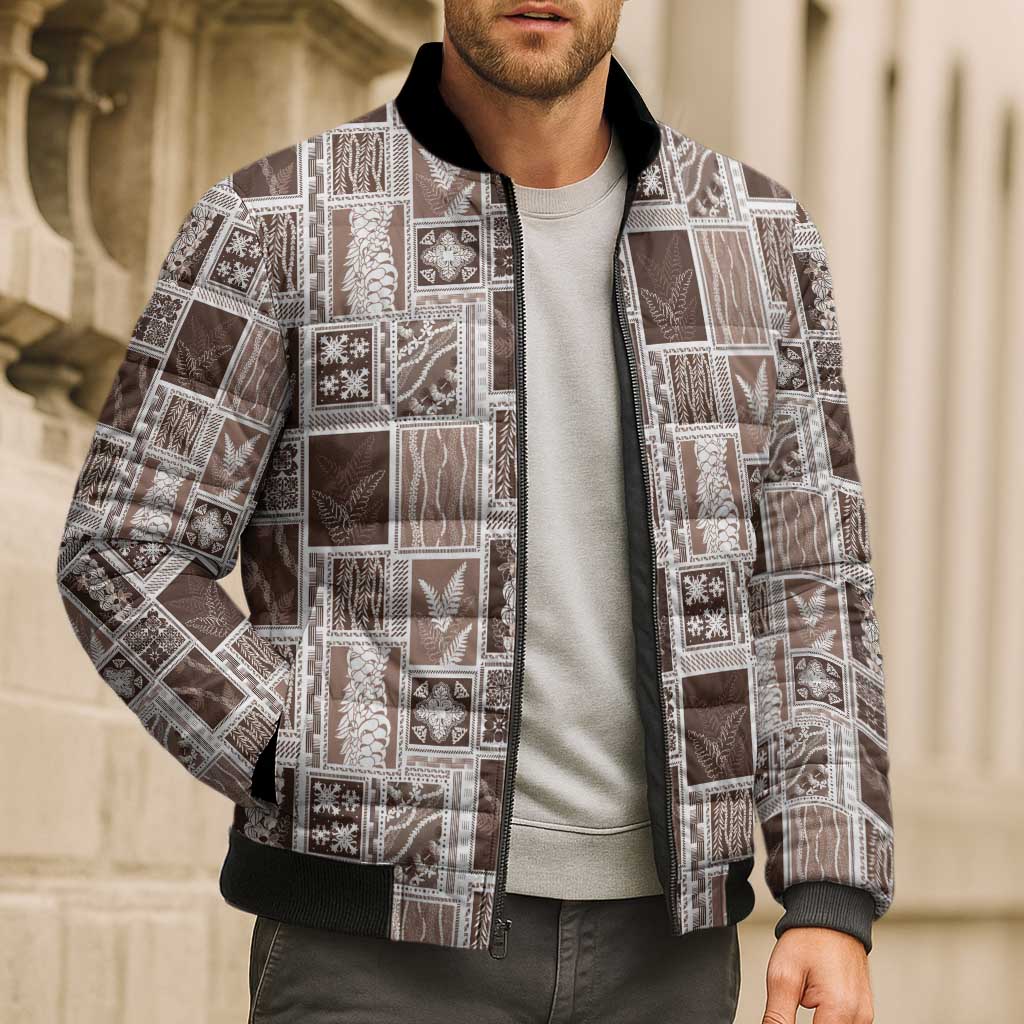 Vintage Aloha Block Quilt Bomber Puffer Jacket Beige Inspired Lei Motifs - Polynesian Pride