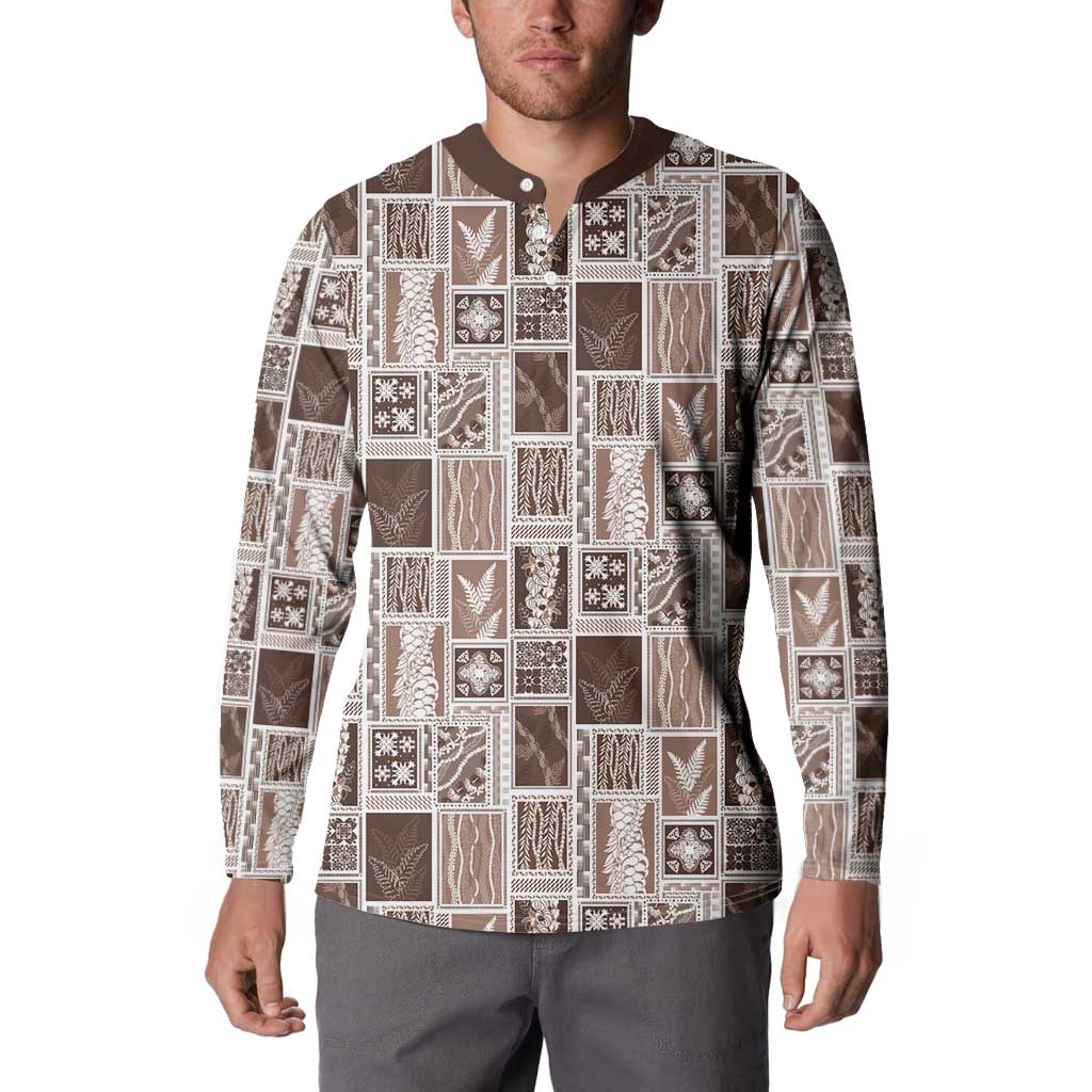Vintage Aloha Block Quilt Button Sweatshirt Beige Inspired Lei Motifs - Polynesian Pride