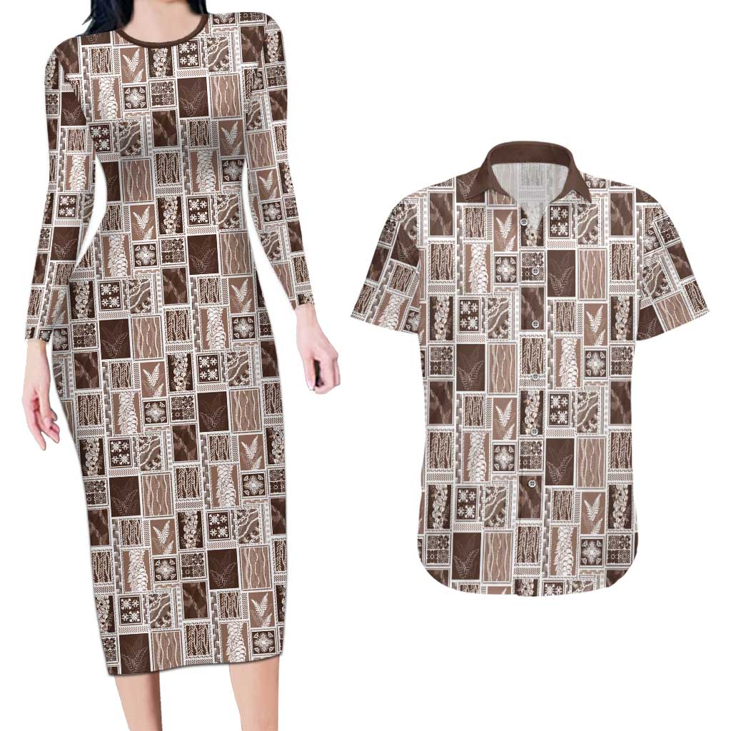 Vintage Aloha Block Quilt Couples Matching Long Sleeve Bodycon Dress and Hawaiian Shirt Beige Inspired Lei Motifs - Polynesian Pride