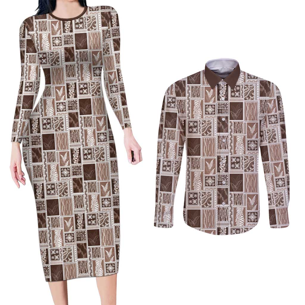 Vintage Aloha Block Quilt Couples Matching Long Sleeve Bodycon Dress and Long Sleeve Button Shirt Beige Inspired Lei Motifs LT9 Beige - Polynesian Pride
