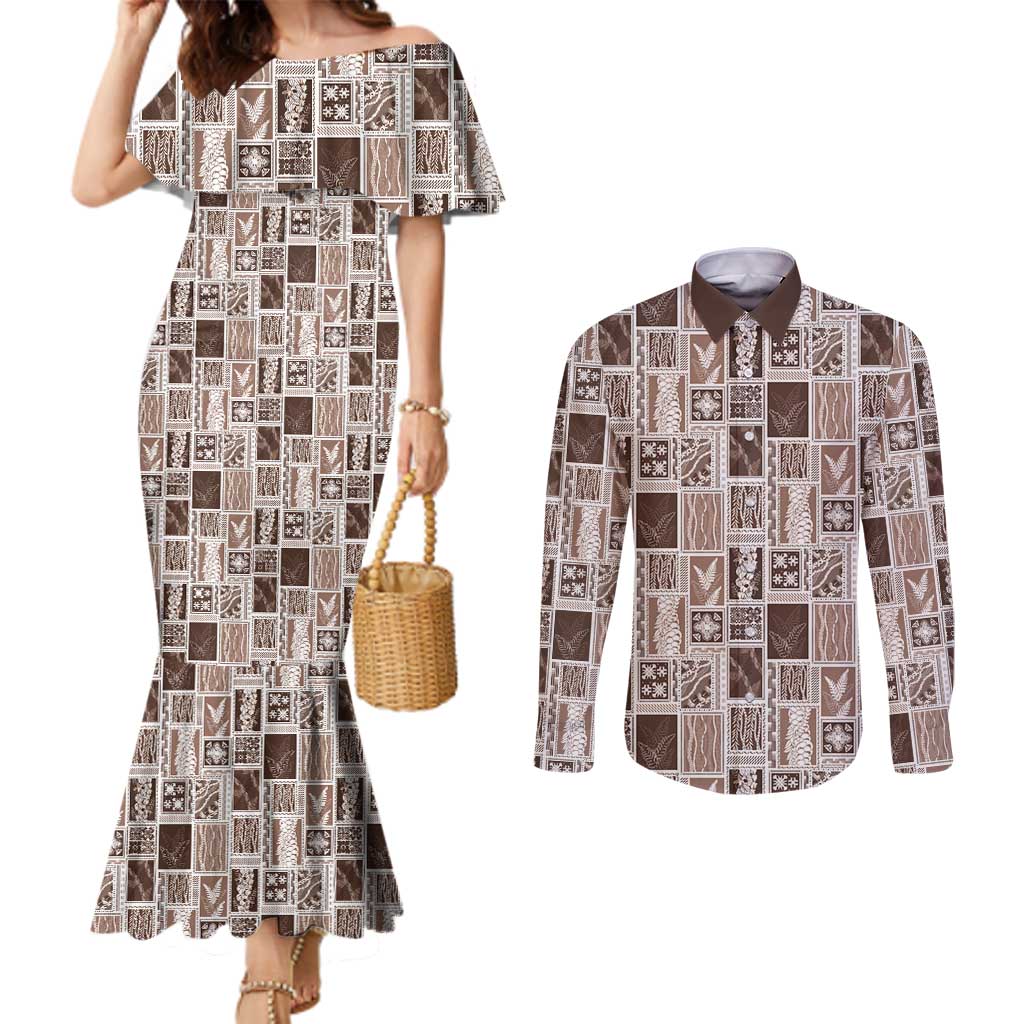 Vintage Aloha Block Quilt Couples Matching Mermaid Dress and Long Sleeve Button Shirt Beige Inspired Lei Motifs LT9 Beige - Polynesian Pride