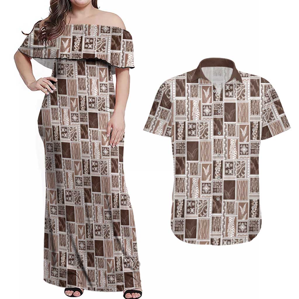 Vintage Aloha Block Quilt Couples Matching Off Shoulder Maxi Dress and Hawaiian Shirt Beige Inspired Lei Motifs - Polynesian Pride