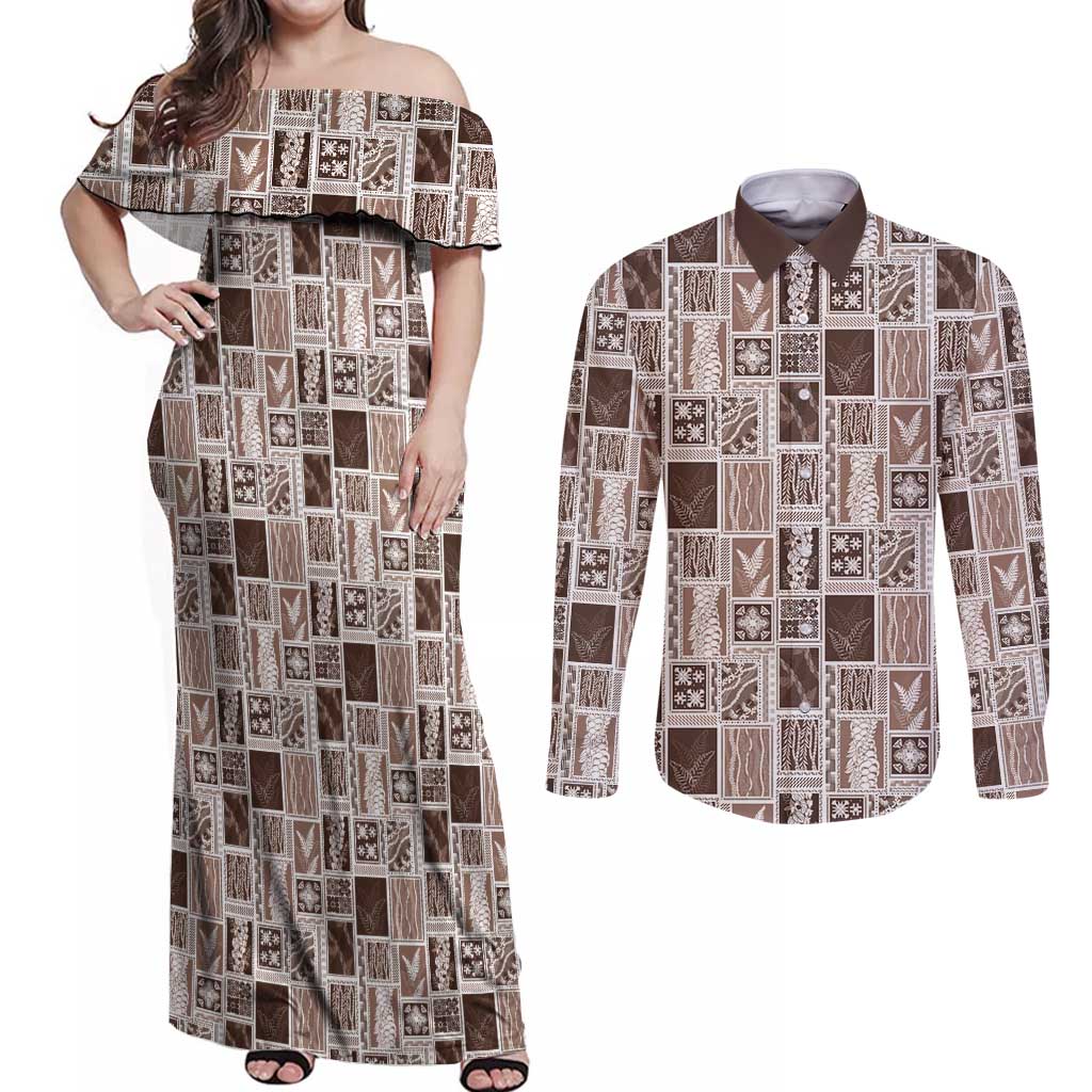 Vintage Aloha Block Quilt Couples Matching Off Shoulder Maxi Dress and Long Sleeve Button Shirt Beige Inspired Lei Motifs LT9 Beige - Polynesian Pride