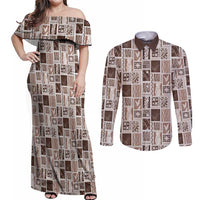 Vintage Aloha Block Quilt Couples Matching Off Shoulder Maxi Dress and Long Sleeve Button Shirt Beige Inspired Lei Motifs LT9 Beige - Polynesian Pride