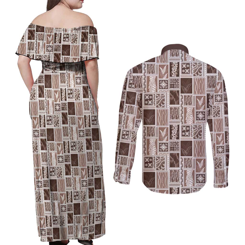Vintage Aloha Block Quilt Couples Matching Off Shoulder Maxi Dress and Long Sleeve Button Shirt Beige Inspired Lei Motifs LT9 - Polynesian Pride