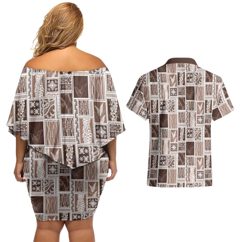 Vintage Aloha Block Quilt Couples Matching Off Shoulder Short Dress and Hawaiian Shirt Beige Inspired Lei Motifs LT9 - Polynesian Pride