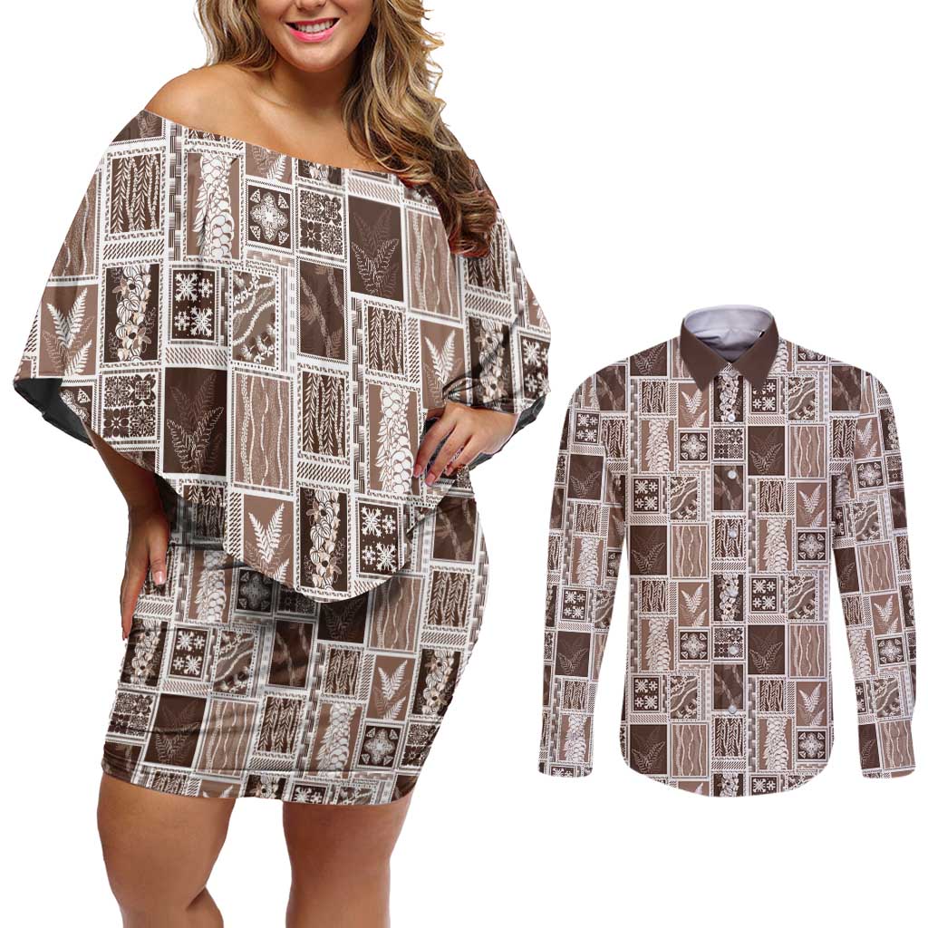 Vintage Aloha Block Quilt Couples Matching Off Shoulder Short Dress and Long Sleeve Button Shirt Beige Inspired Lei Motifs LT9 Beige - Polynesian Pride