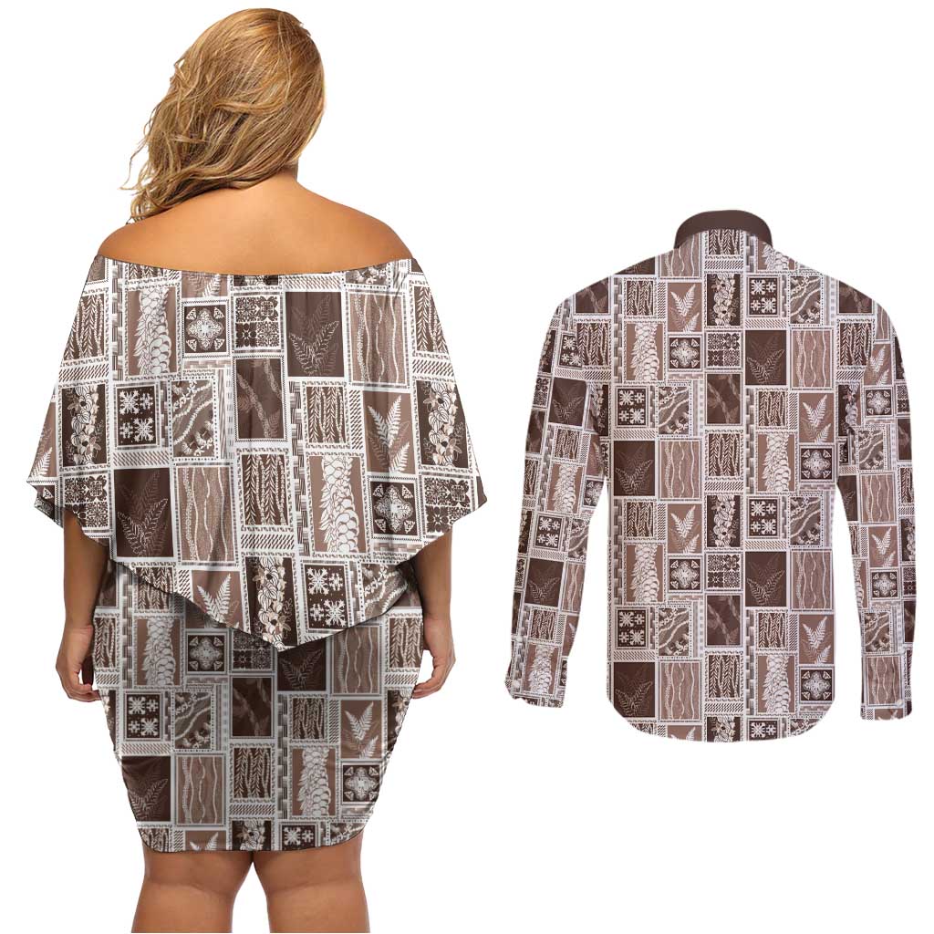 Vintage Aloha Block Quilt Couples Matching Off Shoulder Short Dress and Long Sleeve Button Shirt Beige Inspired Lei Motifs LT9 - Polynesian Pride