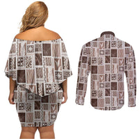 Vintage Aloha Block Quilt Couples Matching Off Shoulder Short Dress and Long Sleeve Button Shirt Beige Inspired Lei Motifs LT9 - Polynesian Pride
