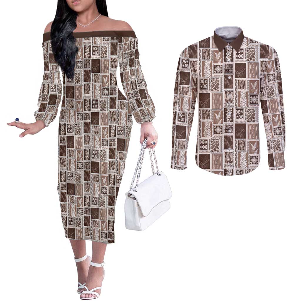 Vintage Aloha Block Quilt Couples Matching Off The Shoulder Long Sleeve Dress and Long Sleeve Button Shirt Beige Inspired Lei Motifs LT9 Beige - Polynesian Pride