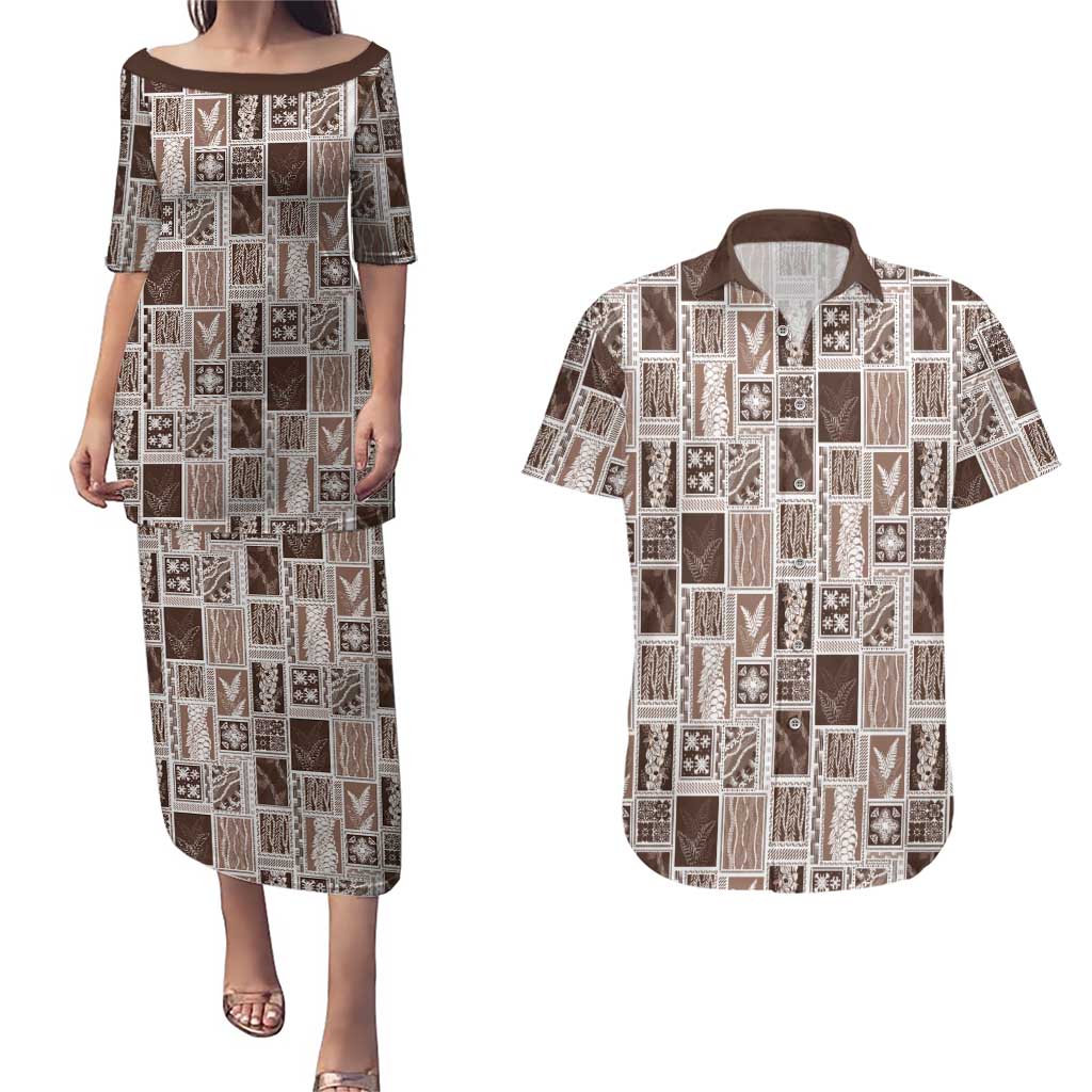 Vintage Aloha Block Quilt Couples Matching Puletasi and Hawaiian Shirt Beige Inspired Lei Motifs LT9 Beige - Polynesian Pride