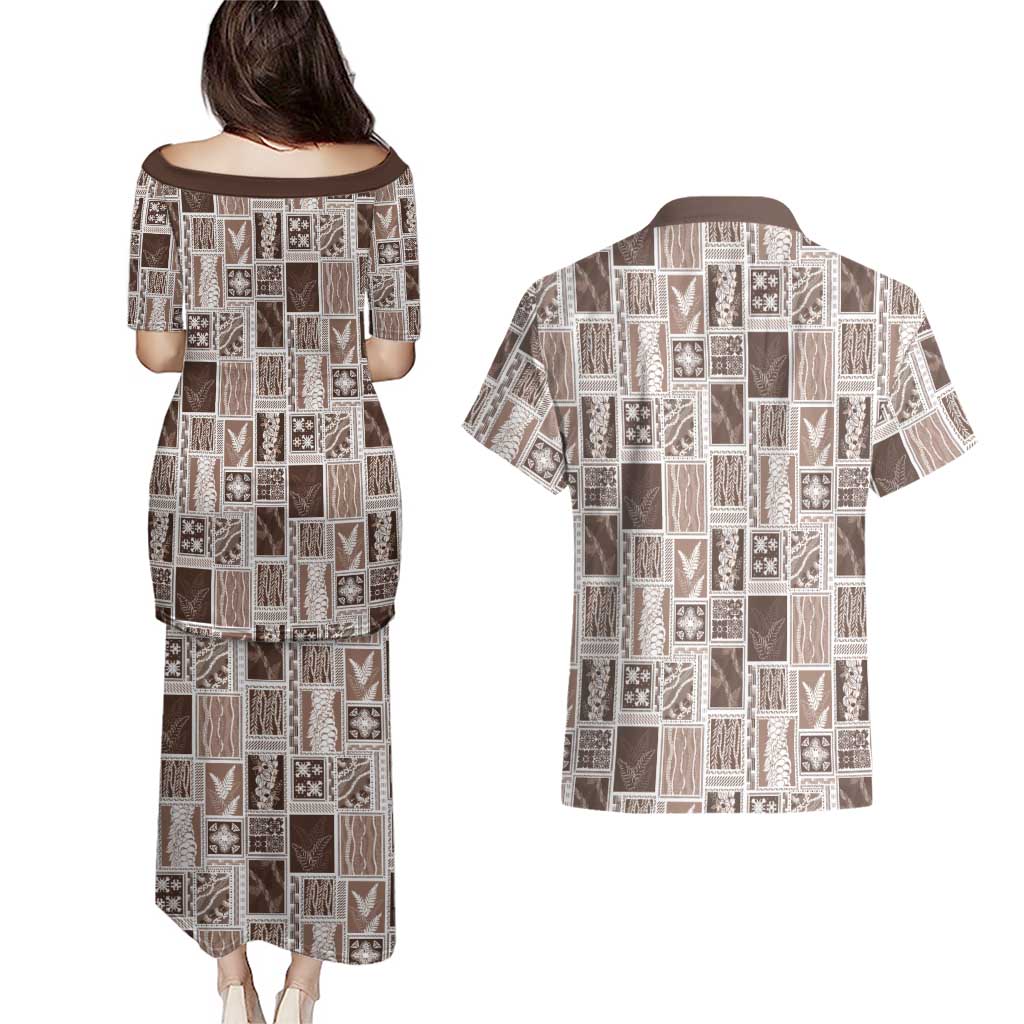 Vintage Aloha Block Quilt Couples Matching Puletasi and Hawaiian Shirt Beige Inspired Lei Motifs LT9 - Polynesian Pride