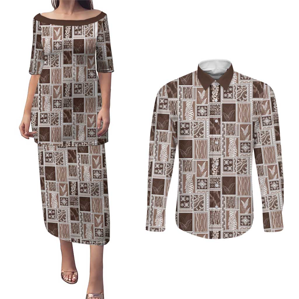 Vintage Aloha Block Quilt Couples Matching Puletasi and Long Sleeve Button Shirt Beige Inspired Lei Motifs LT9 Beige - Polynesian Pride