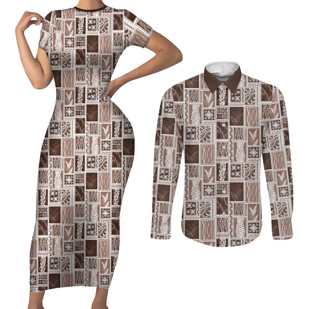 Vintage Aloha Block Quilt Couples Matching Short Sleeve Bodycon Dress and Long Sleeve Button Shirt Beige Inspired Lei Motifs LT9 Beige - Polynesian Pride