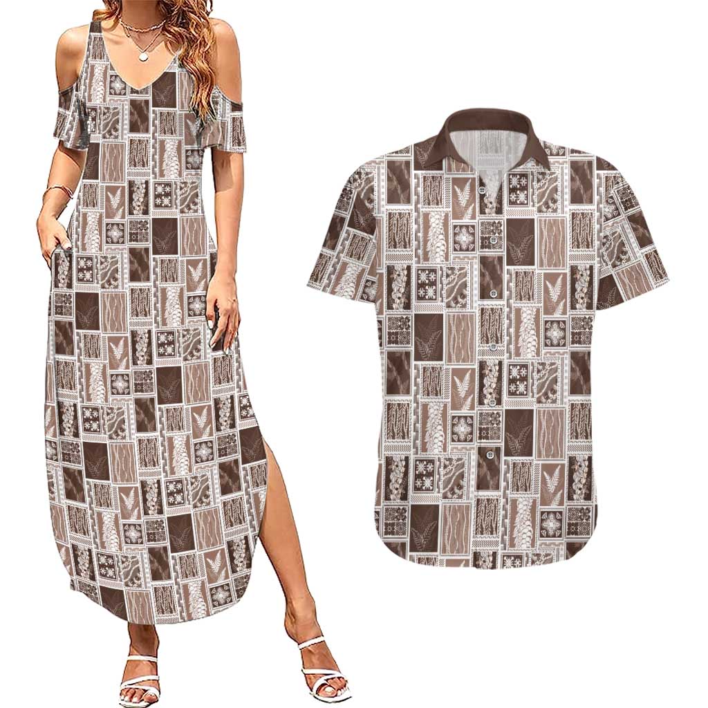 Vintage Aloha Block Quilt Couples Matching Summer Maxi Dress and Hawaiian Shirt Beige Inspired Lei Motifs - Polynesian Pride