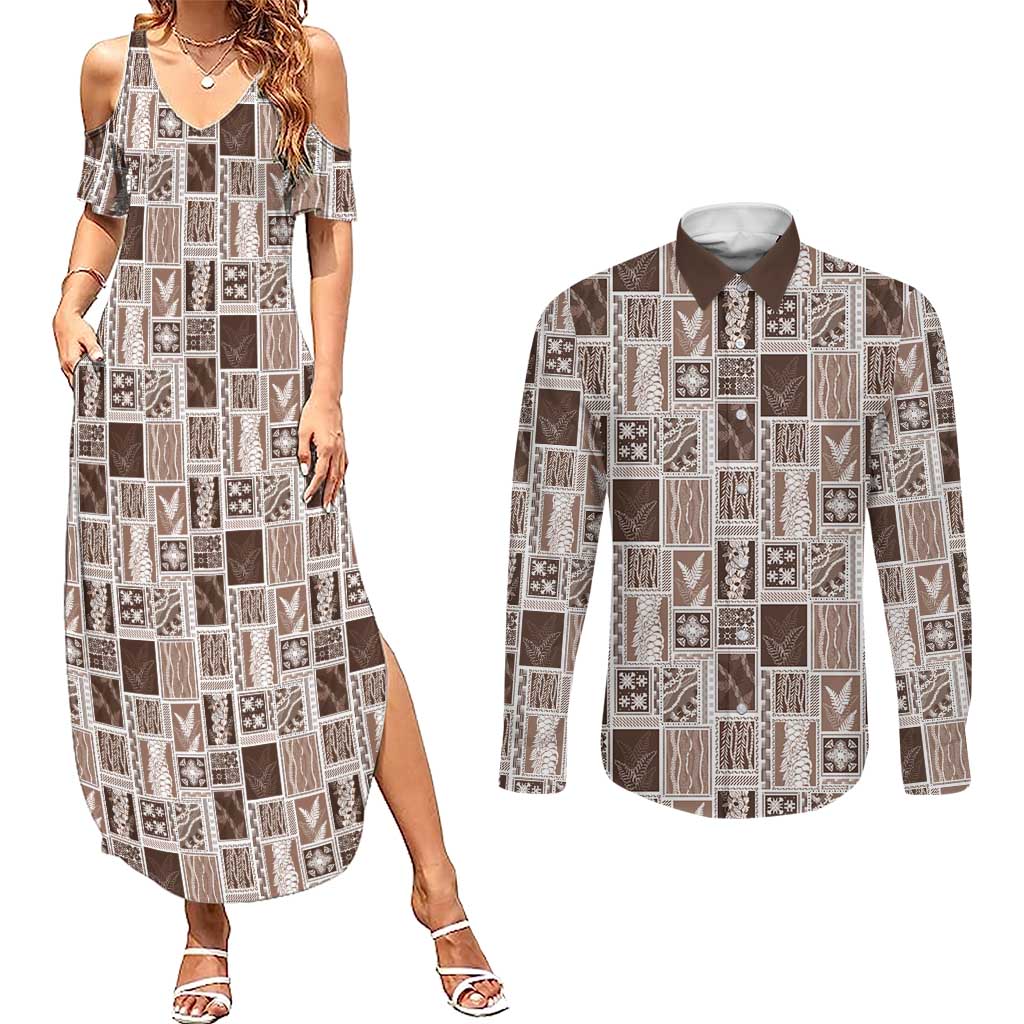 Vintage Aloha Block Quilt Couples Matching Summer Maxi Dress and Long Sleeve Button Shirt Beige Inspired Lei Motifs LT9 Beige - Polynesian Pride
