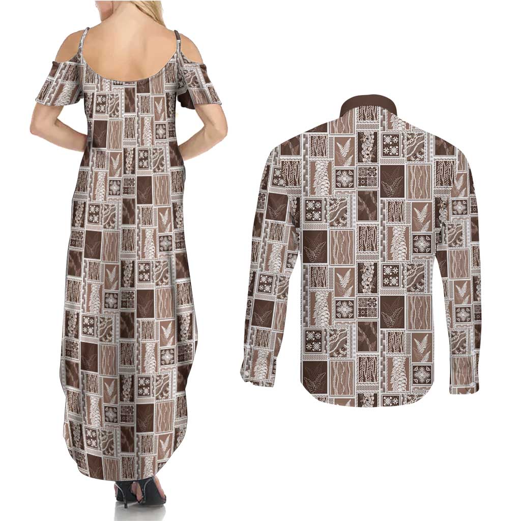Vintage Aloha Block Quilt Couples Matching Summer Maxi Dress and Long Sleeve Button Shirt Beige Inspired Lei Motifs LT9 - Polynesian Pride