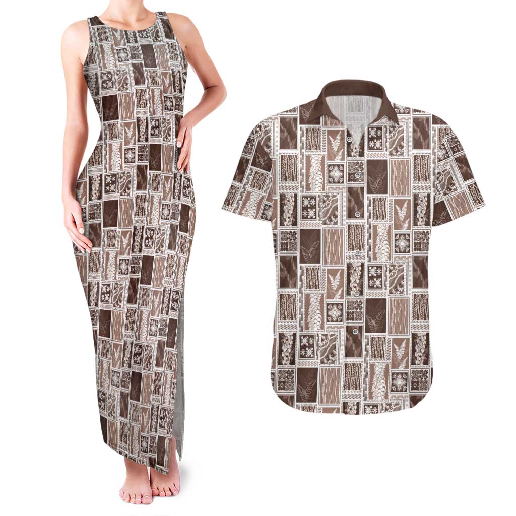 Vintage Aloha Block Quilt Couples Matching Tank Maxi Dress and Hawaiian Shirt Beige Inspired Lei Motifs - Polynesian Pride