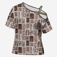 Vintage Aloha Block Quilt Cross Shoulder Shirt Beige Inspired Lei Motifs - Polynesian Pride