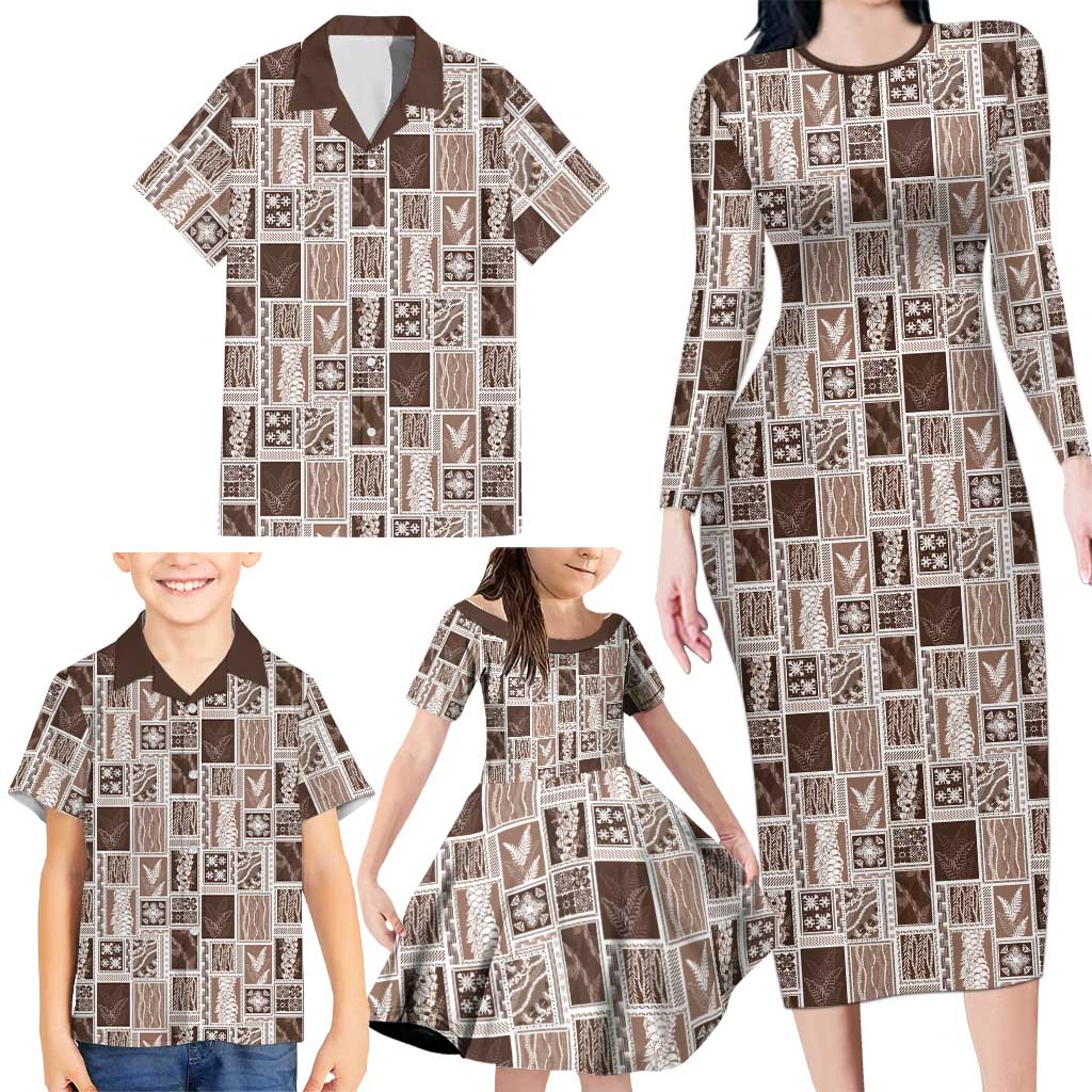 Vintage Aloha Block Quilt Family Matching Long Sleeve Bodycon Dress and Hawaiian Shirt Beige Inspired Lei Motifs LT9 - Polynesian Pride