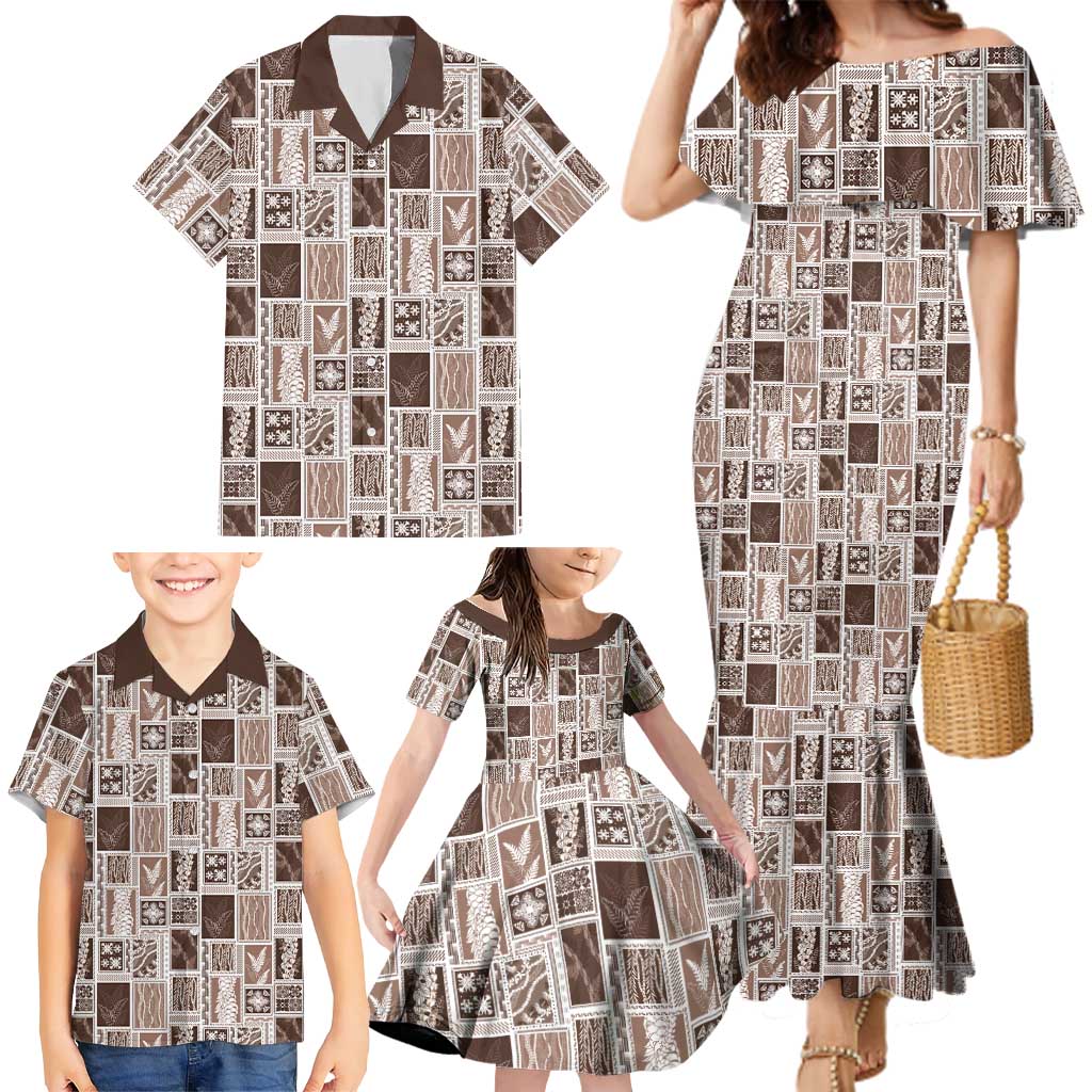 Vintage Aloha Block Quilt Family Matching Mermaid Dress and Hawaiian Shirt Beige Inspired Lei Motifs - Polynesian Pride