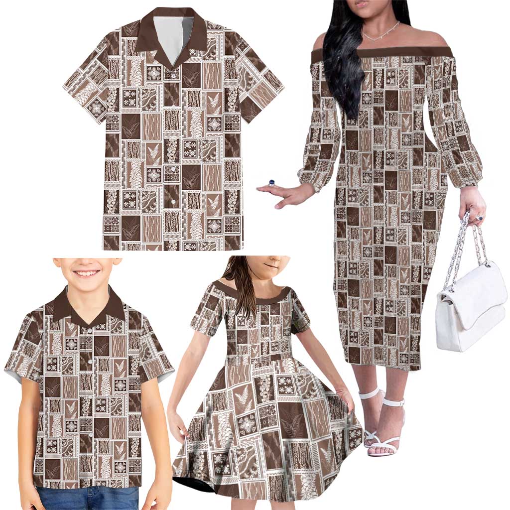 Vintage Aloha Block Quilt Family Matching Off The Shoulder Long Sleeve Dress and Hawaiian Shirt Beige Inspired Lei Motifs - Polynesian Pride
