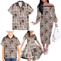 Vintage Aloha Block Quilt Family Matching Off The Shoulder Long Sleeve Dress and Hawaiian Shirt Beige Inspired Lei Motifs LT9 - Polynesian Pride