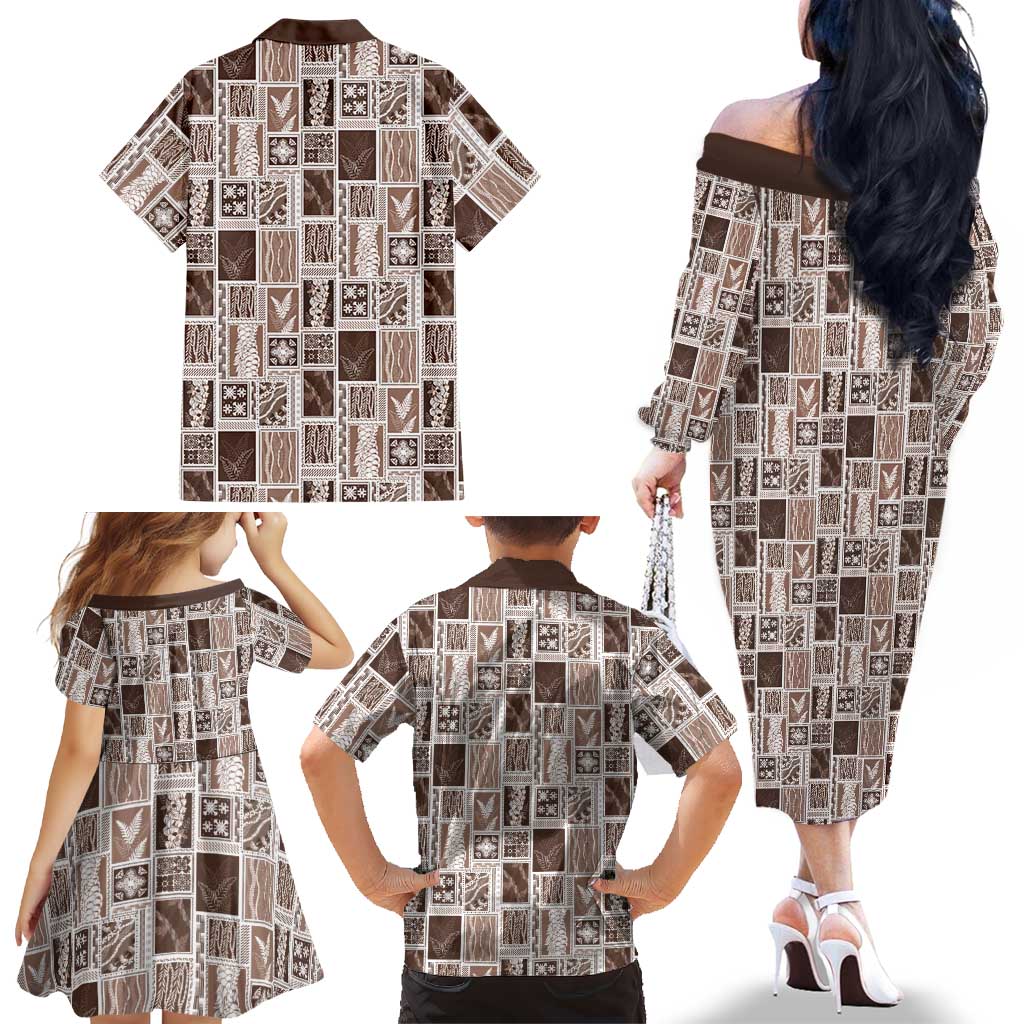 Vintage Aloha Block Quilt Family Matching Off The Shoulder Long Sleeve Dress and Hawaiian Shirt Beige Inspired Lei Motifs LT9 - Polynesian Pride