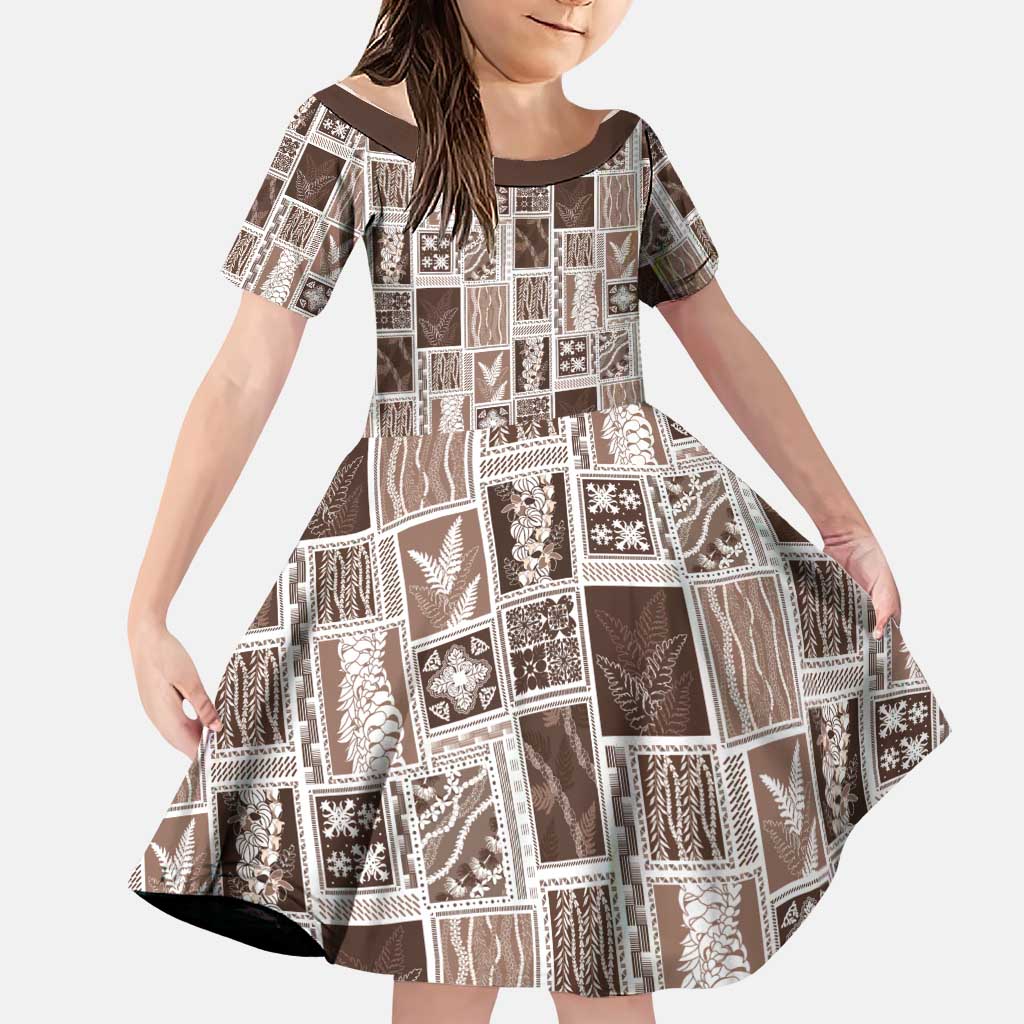 Vintage Aloha Block Quilt Family Matching Off Shoulder Maxi Dress and Hawaiian Shirt Beige Inspired Lei Motifs LT9 Daughter's Dress Beige - Polynesian Pride