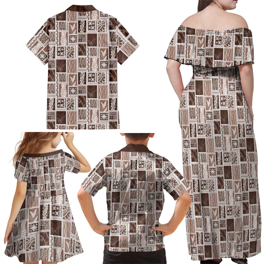 Vintage Aloha Block Quilt Family Matching Off Shoulder Maxi Dress and Hawaiian Shirt Beige Inspired Lei Motifs LT9 - Polynesian Pride