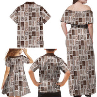 Vintage Aloha Block Quilt Family Matching Off Shoulder Maxi Dress and Hawaiian Shirt Beige Inspired Lei Motifs LT9 - Polynesian Pride