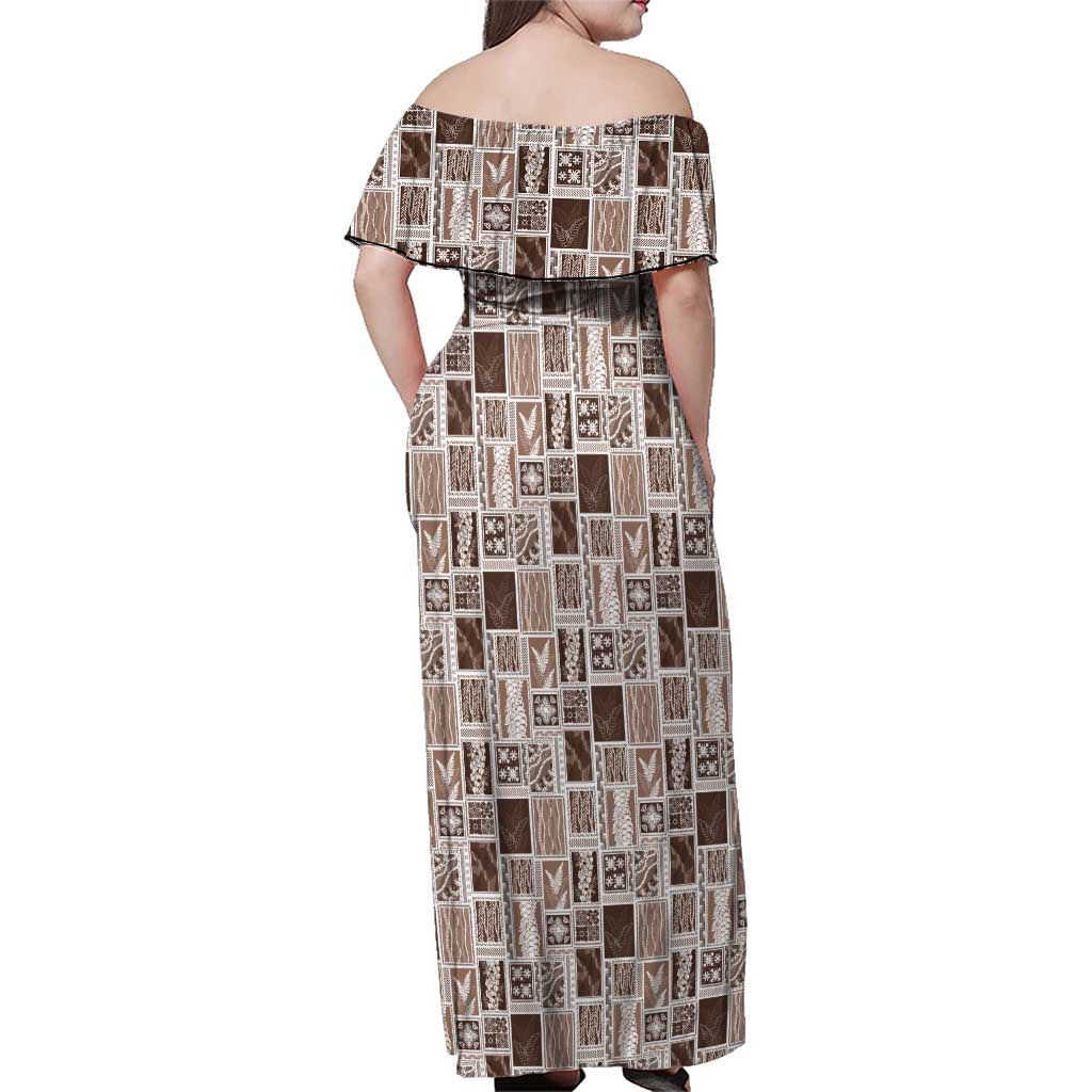 Vintage Aloha Block Quilt Family Matching Off Shoulder Maxi Dress and Hawaiian Shirt Beige Inspired Lei Motifs LT9 - Polynesian Pride
