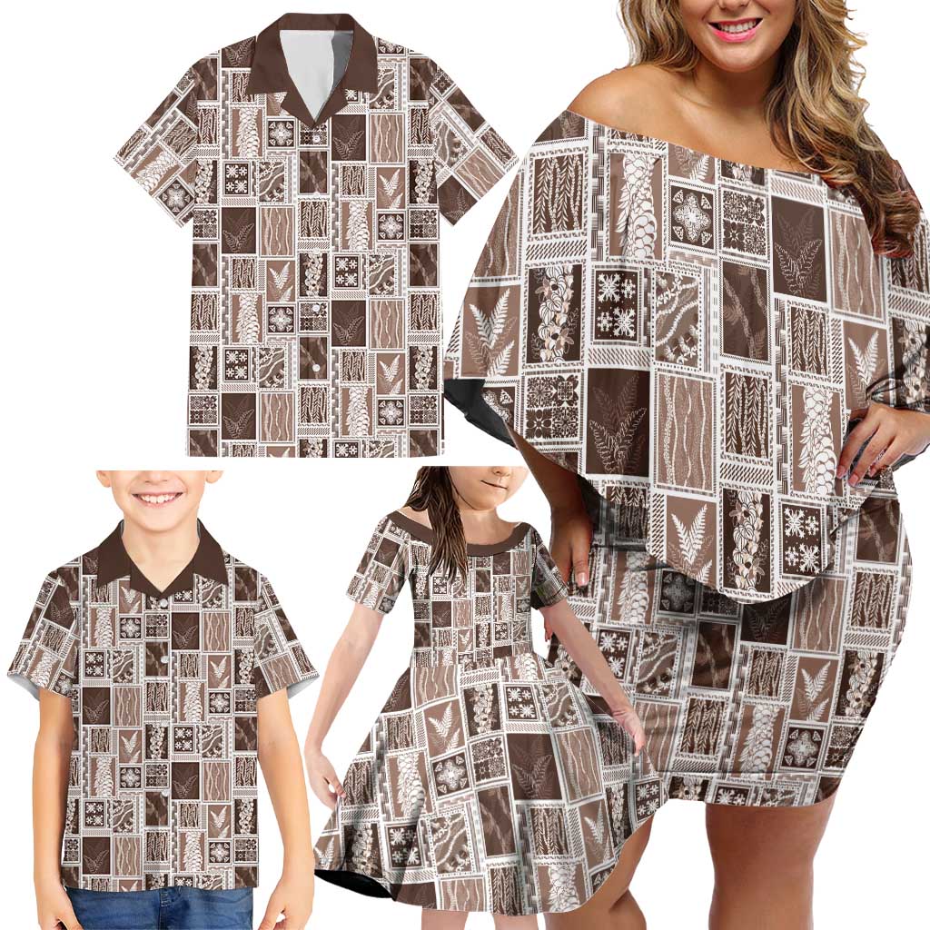 Vintage Aloha Block Quilt Family Matching Off Shoulder Short Dress and Hawaiian Shirt Beige Inspired Lei Motifs - Polynesian Pride