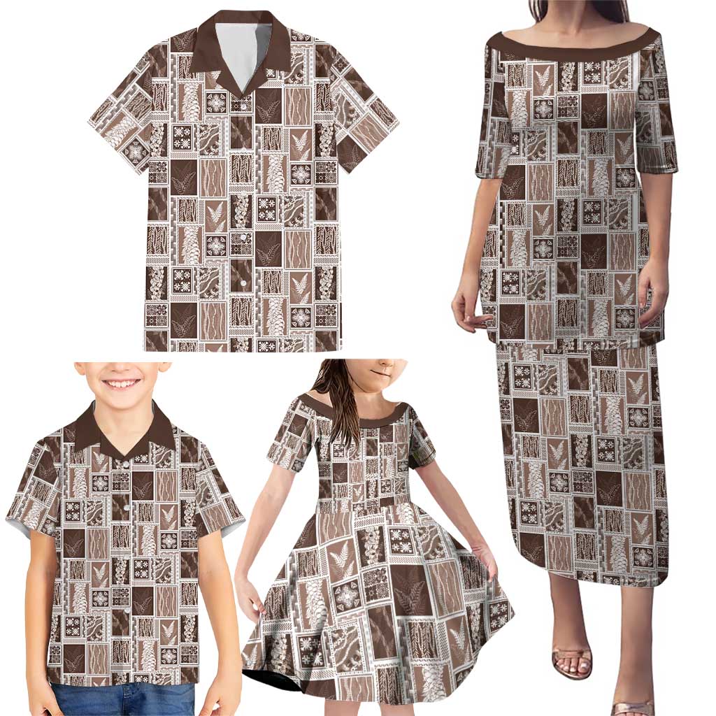 Vintage Aloha Block Quilt Family Matching Puletasi and Hawaiian Shirt Beige Inspired Lei Motifs - Polynesian Pride