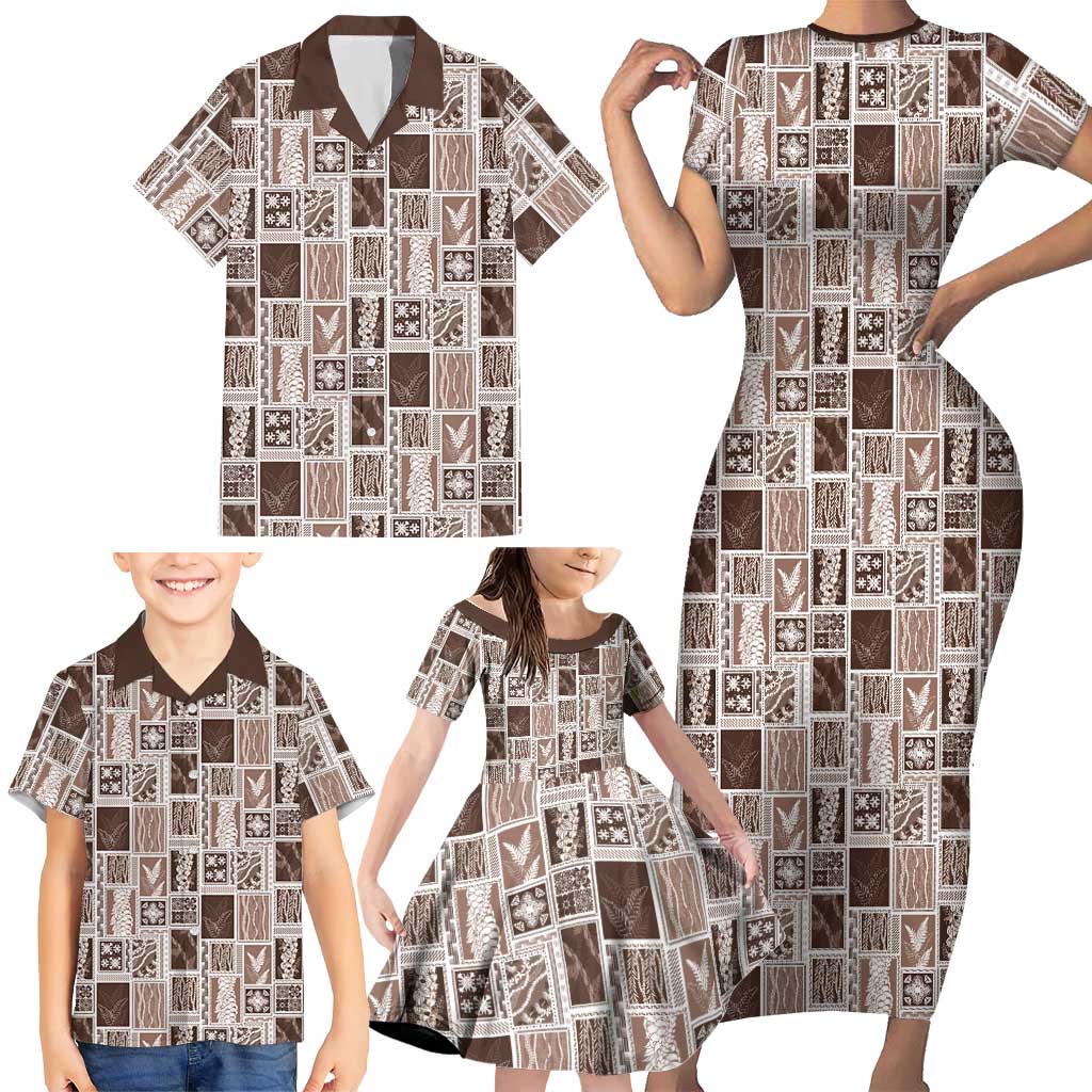 Vintage Aloha Block Quilt Family Matching Short Sleeve Bodycon Dress and Hawaiian Shirt Beige Inspired Lei Motifs - Polynesian Pride