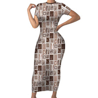 Vintage Aloha Block Quilt Family Matching Short Sleeve Bodycon Dress and Hawaiian Shirt Beige Inspired Lei Motifs LT9 Mom's Dress Beige - Polynesian Pride