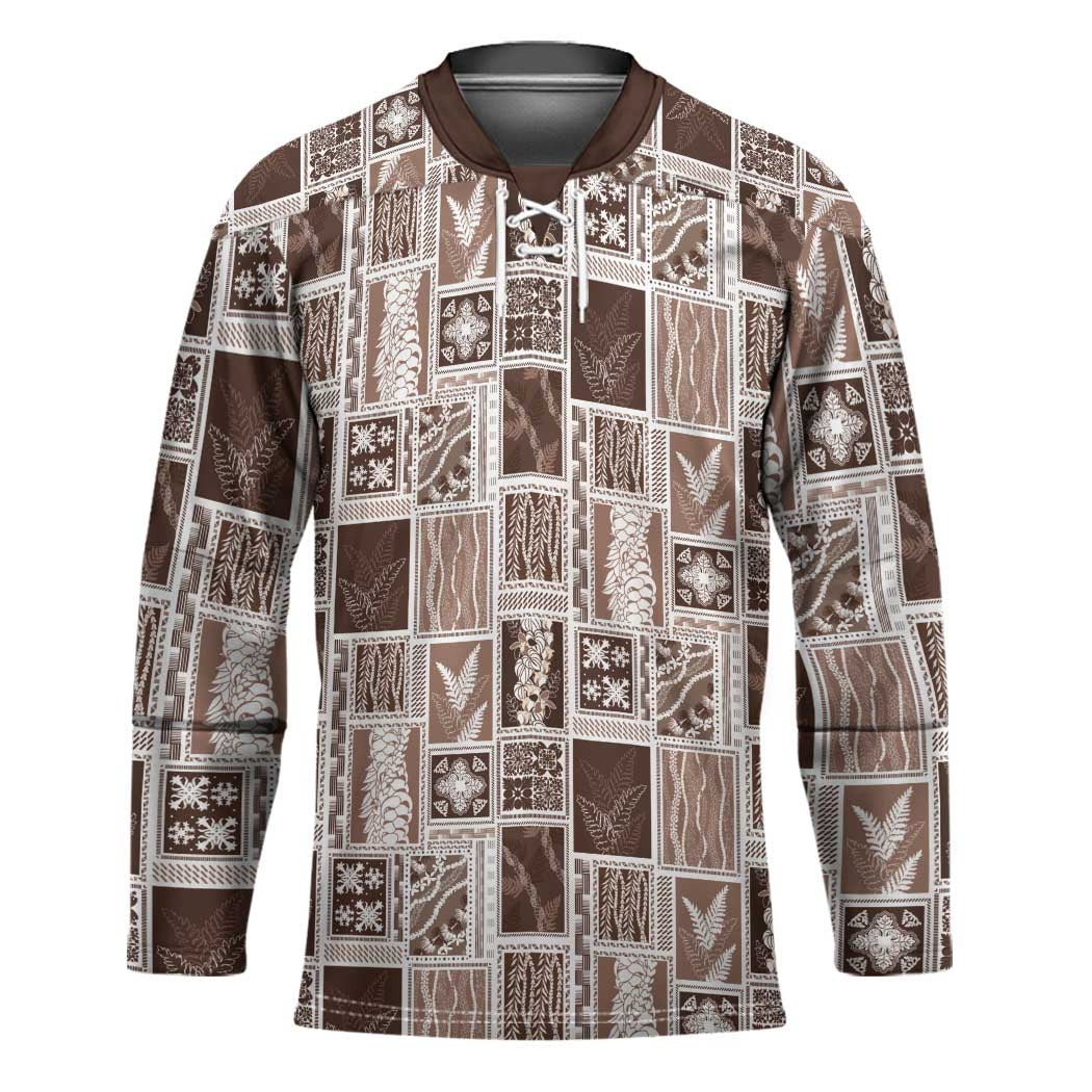 Vintage Aloha Block Quilt Hockey Jersey Beige Inspired Lei Motifs - Polynesian Pride