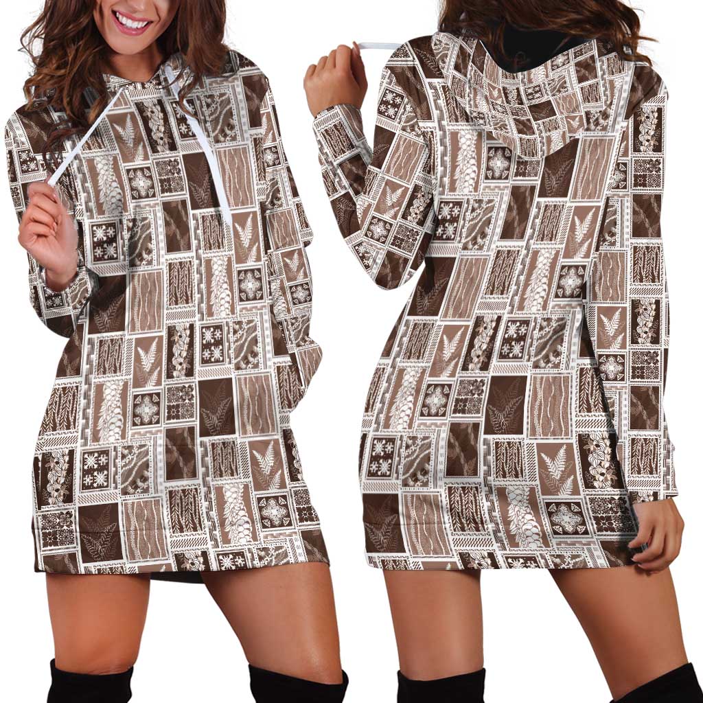 Vintage Aloha Block Quilt Hoodie Dress Beige Inspired Lei Motifs LT9 - Polynesian Pride