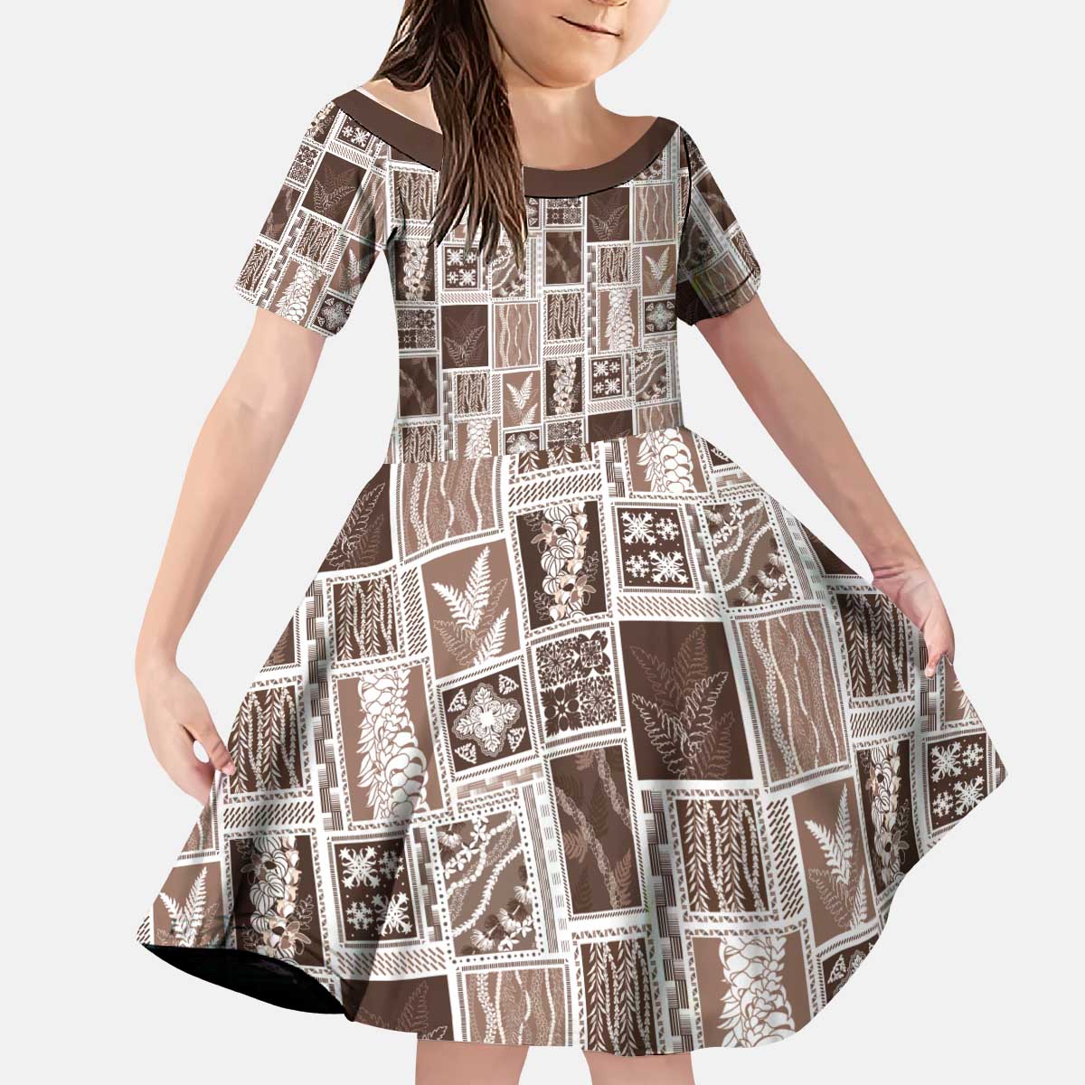 Vintage Aloha Block Quilt Kid Short Sleeve Dress Beige Inspired Lei Motifs - Polynesian Pride